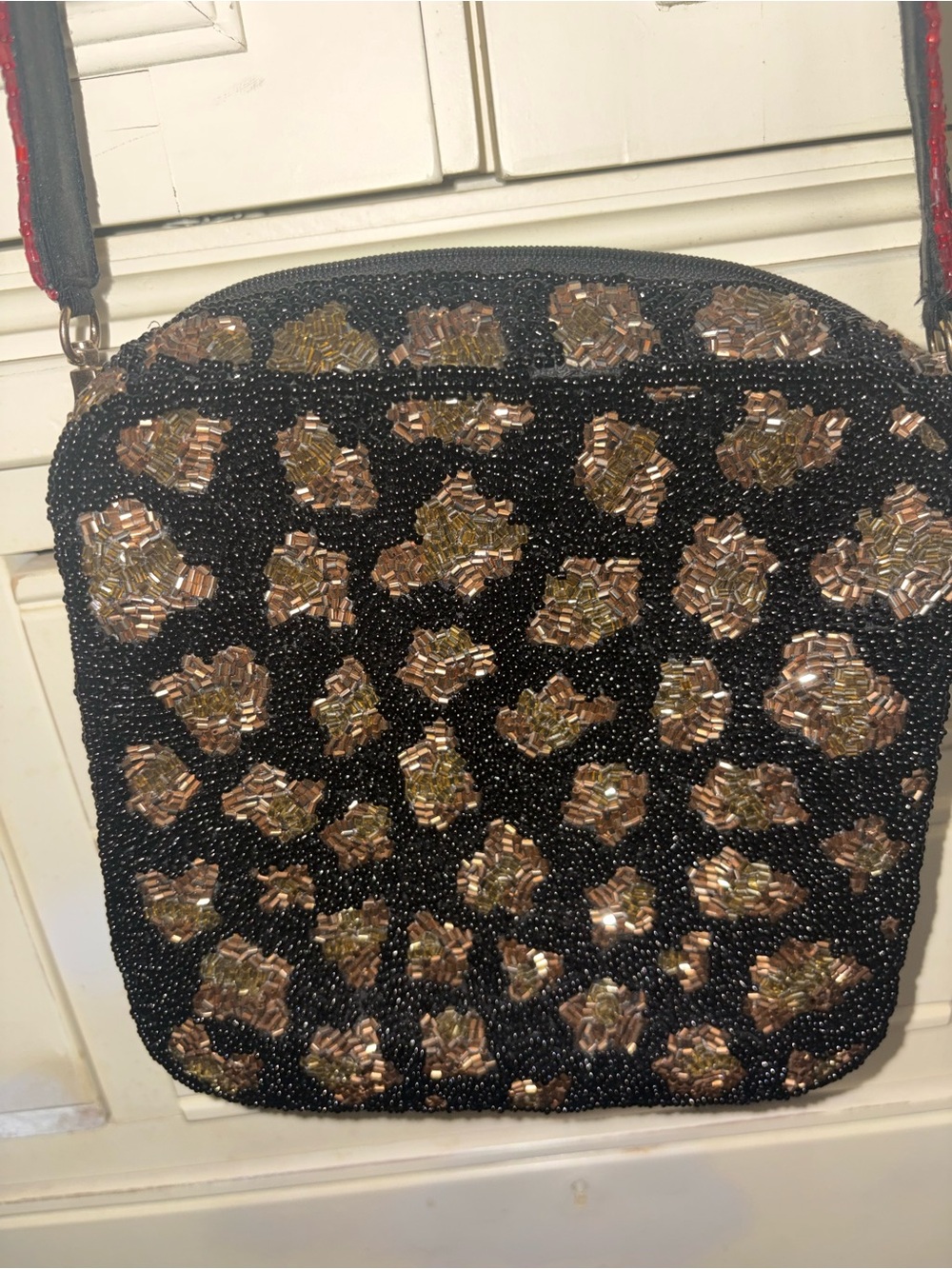 Moyna Black Crossbody Bag with Gold Beaded Leopard Motif